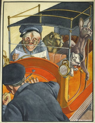 Item #24688 Kangaroo and animal friends, in chauffeured Model T. Illustration. H. R. Haywood