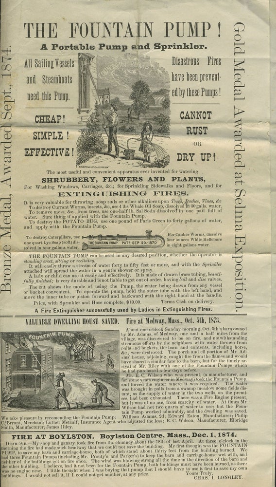 Item #24699 "The Fountain Pump! A Portable Pump and Sprinkler. All Sailing Vessels and Steamboats need this Pump". Broadside [with] accompanying handbill.