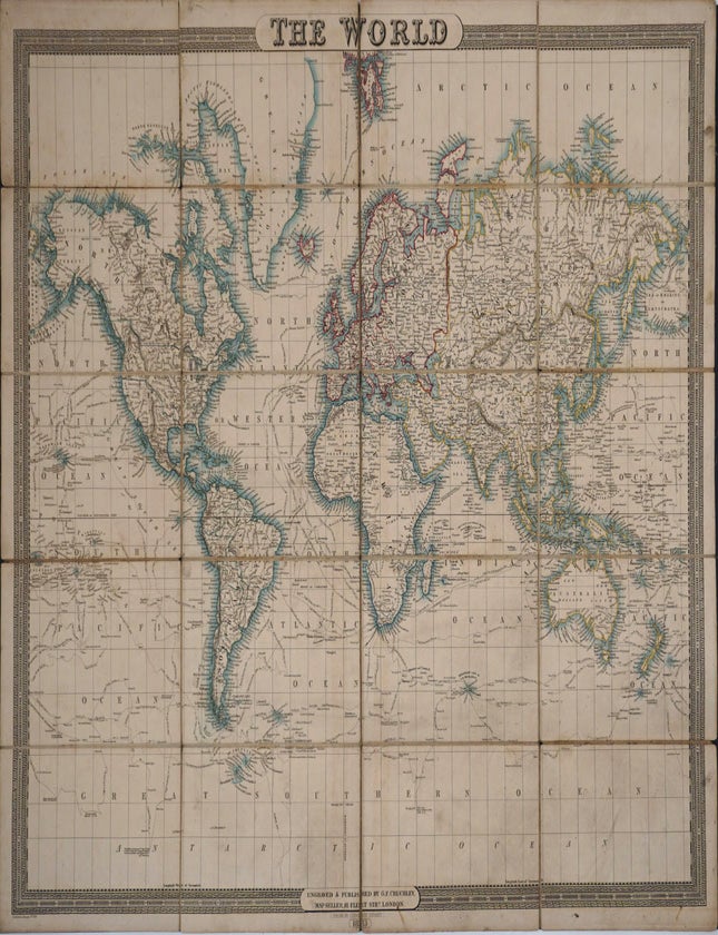 The World Hand Colored Dissected Map On Linen George Frederick