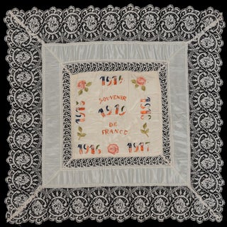 Item #24728 WWI "Souvenir de France" silk & Belgian lace embroidered pillow sham. W W. I.,...
