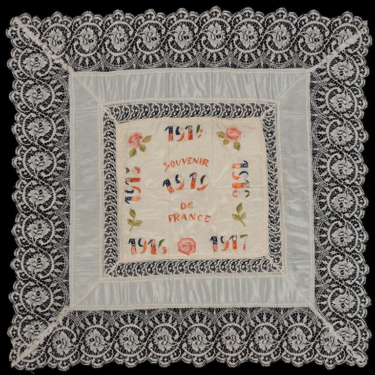 Item #24728 WWI "Souvenir de France" silk & Belgian lace embroidered pillow sham. W W. I., Needlework.