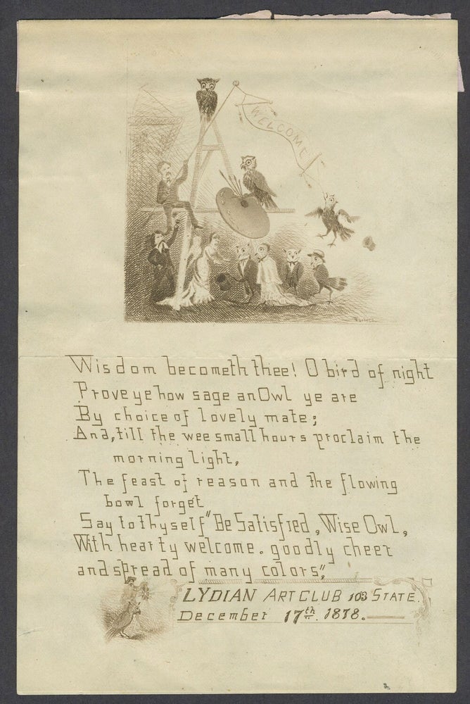 Item #24729 1878 Etched Christmas party invitation, Lydian Art Club and the Owl Club of Chicago. Lydia Cadwell, George Verbeck, Chicago.