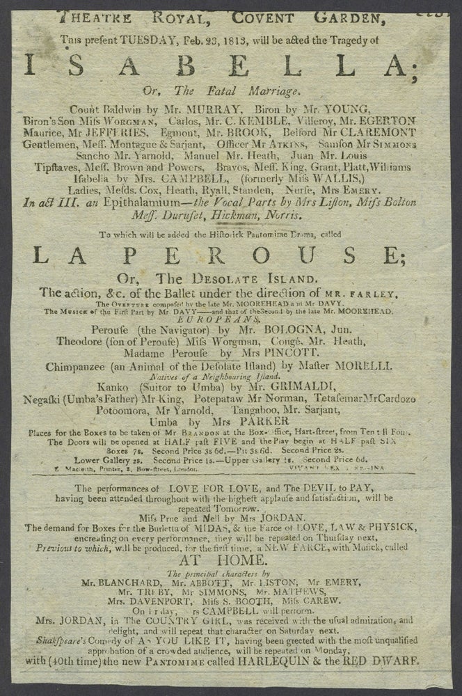 Item #24761 'La Perouse; Or, the Desolate Island'. Theatre Royal, Covent Garden, February 23, 1813. Playbill. Theater, LaPerouse.