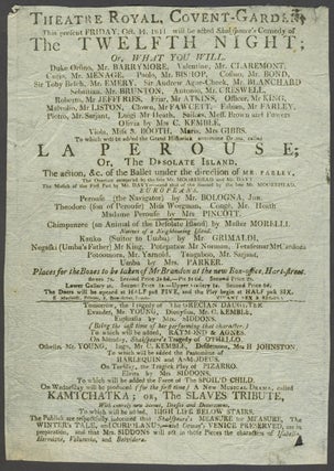 Item #24765 'La Perouse, Or the Desolate Island', Theatre Royal, Covent Garden, Oct. 14, 1811. ...
