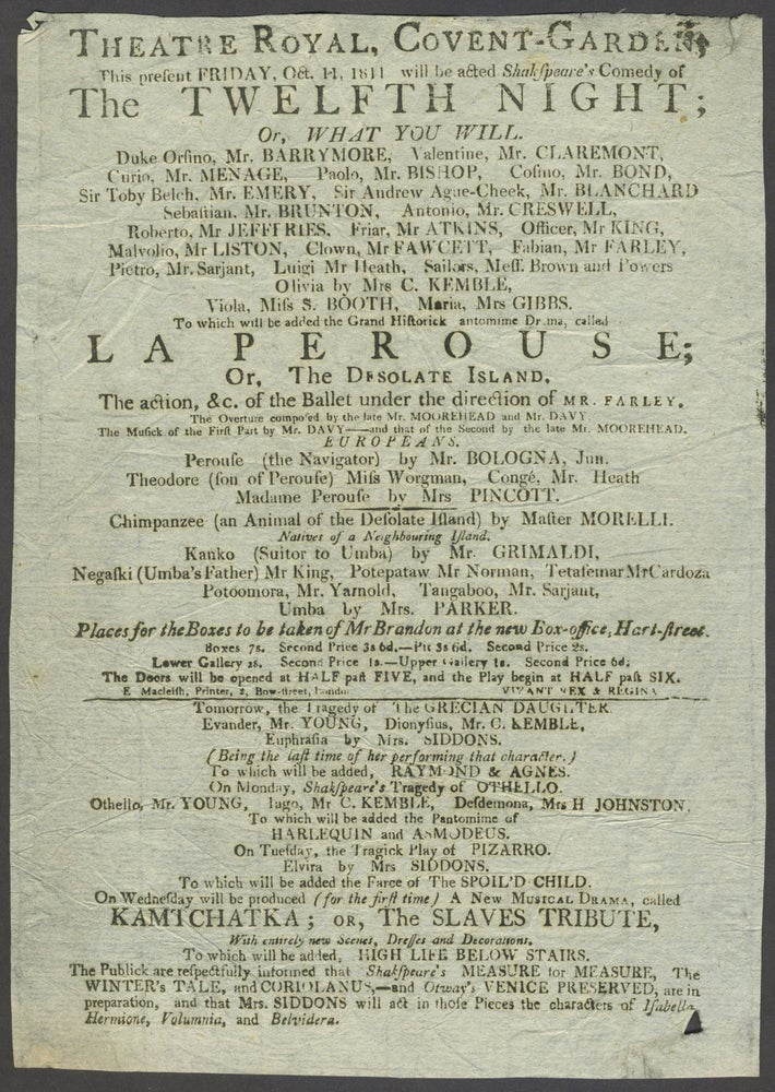 Item #24765 'La Perouse, Or the Desolate Island', Theatre Royal, Covent Garden, Oct. 14, 1811. Playbill. Theater, LaPerouse.