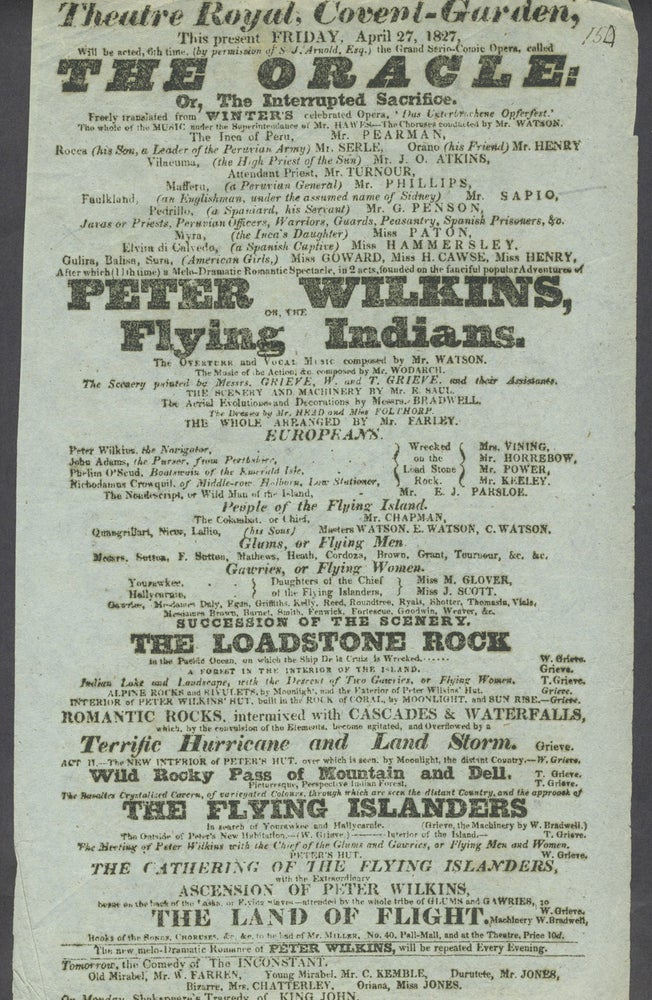 Item #24766 'Peter Wilkins, Or, the Flying Indians'. Theatre Royal, Covent Garden, April 27, 1827. Playbill. Theater, Antarctic.