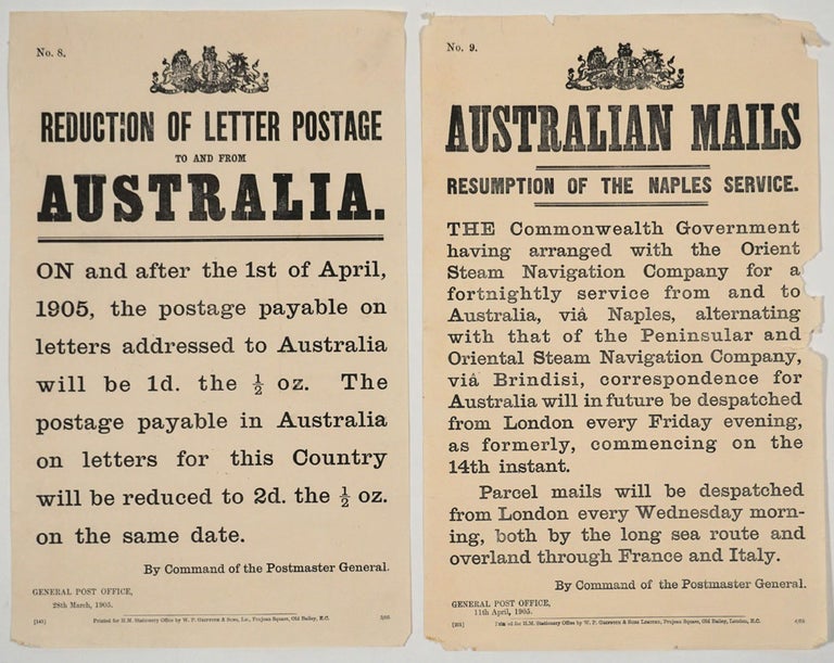 Item #24779 "Reduction of Letter Postage to and from Australia" [with] "Australian Mails, Resumption of the Naples Service". Broadsides. Broadsides, Australia.