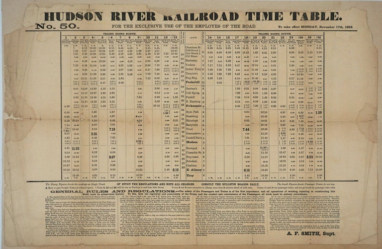 Item #24785 Hudson River Railroad Time Table. No 50. For the Exclusive Use of the Employes (sic) of the Road, with General Rules and Regulations. A. F. Smith, Supt.