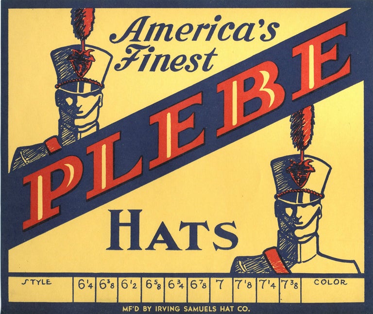 Item #24817 1920s Plebe Cadet Uniform Hat Box Label.