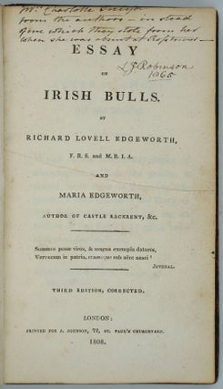 Item #24831 Essay on Irish Bulls [Family Association Copy]. Richard Lovell and Maria Edgeworth