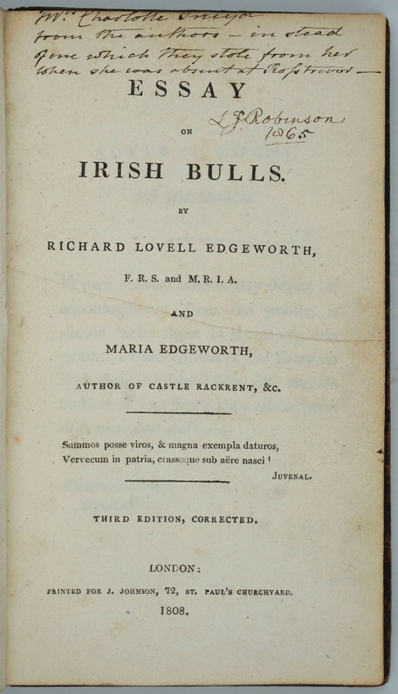 Item #24831 Essay on Irish Bulls [Family Association Copy]. Richard Lovell and Maria Edgeworth.