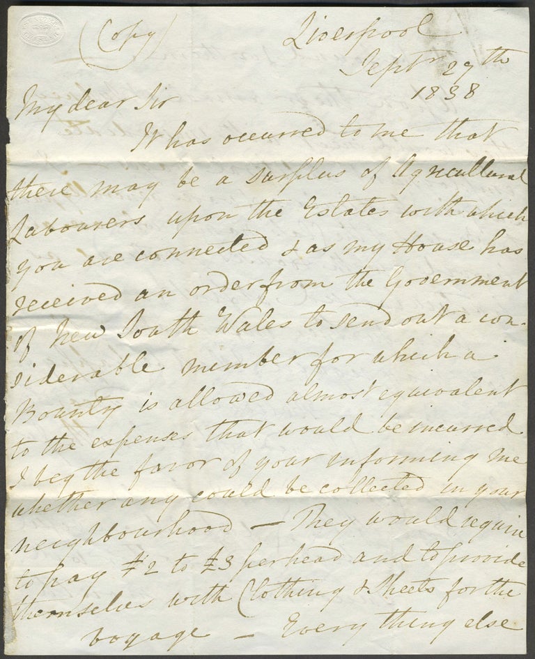 Item #24859 A copy letter from Newelyn Loyd of Denbigh to the Guardians of the Holywell Union (poorhouse), Holywell, soliciting immigration to New South Wales. New South Wales, Immigration, Poor House.