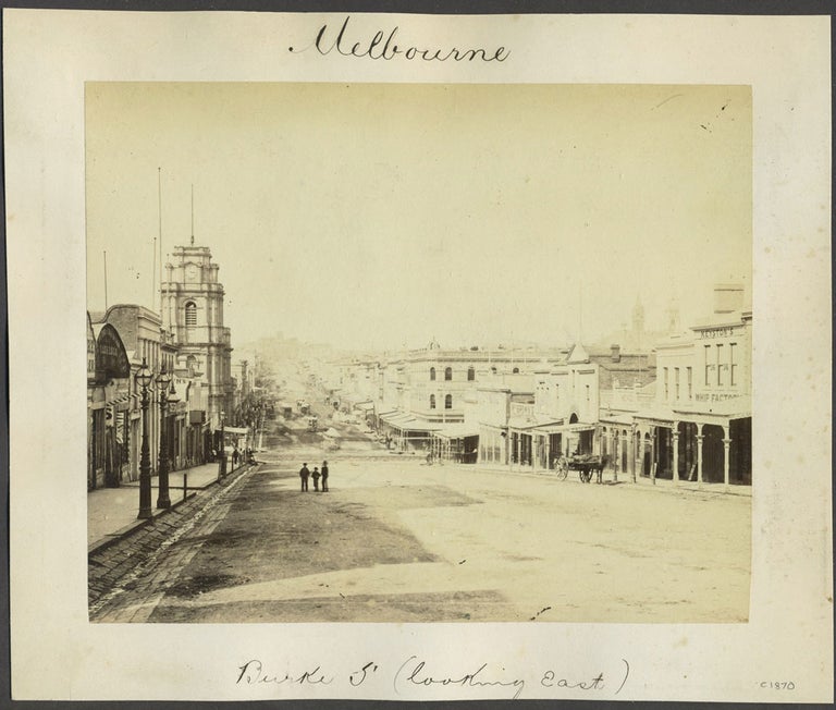 Item #24876 "Melbourne, Burke St (looking East)". Albumen photograph of Bourke St.