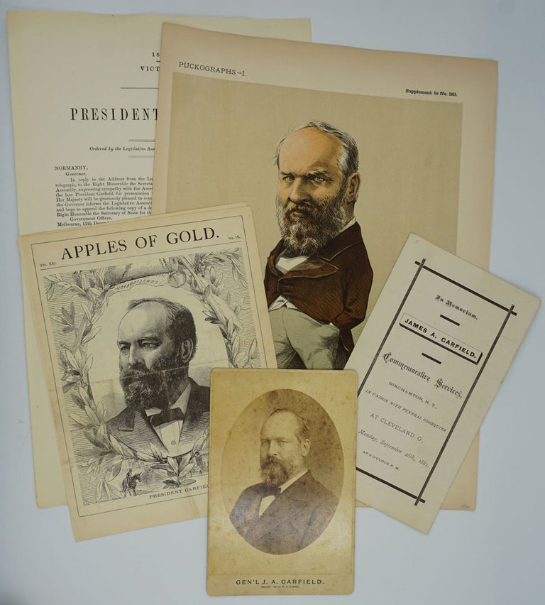 Item #24946 "Puckographs I, James A. Garfield", with cabinet card portrait and 3 other items. Presidents, James A. Garfield.
