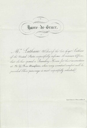 Item #24967 Havre de Grace. American Naval officer's widow boarding house invitation. Women, U...
