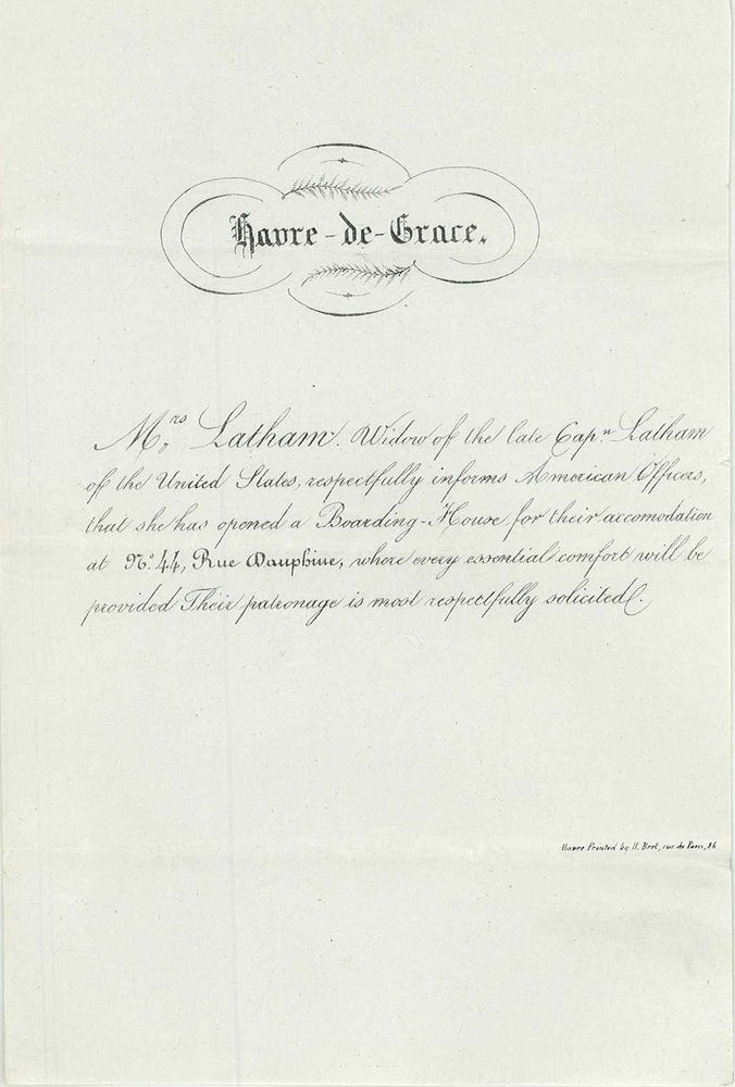 Item #24967 Havre de Grace. American Naval officer's widow boarding house invitation. Women, U S. Navy, George W. Latham.