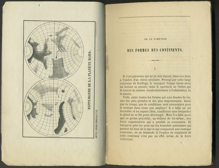 Item #25010 De la Symetrie des Formes des Continents. Map of Mars, Jean Charles Houzeau.