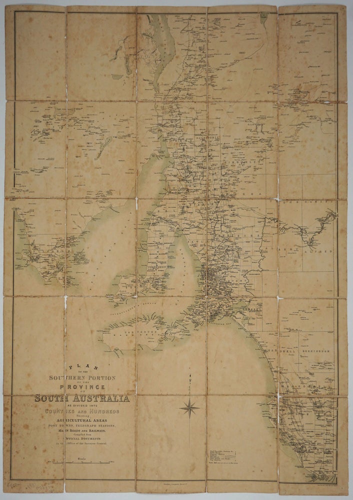 Item #25017 Plan of the Southern Portion of the Province of South Australia as Divided into Counties and Hundreds Showing Agricultural Areas, Post Towns, Telegraph Stations, Main Roads and Railways; Compiled from Official Documents. Edward Weller.