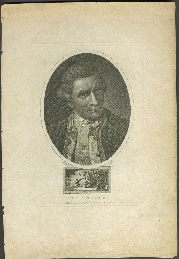 Item #25043 Captain Cook. Stipple engraved portrait with Death of Cook vignette. John Chapman, after Nathaniel Dance.
