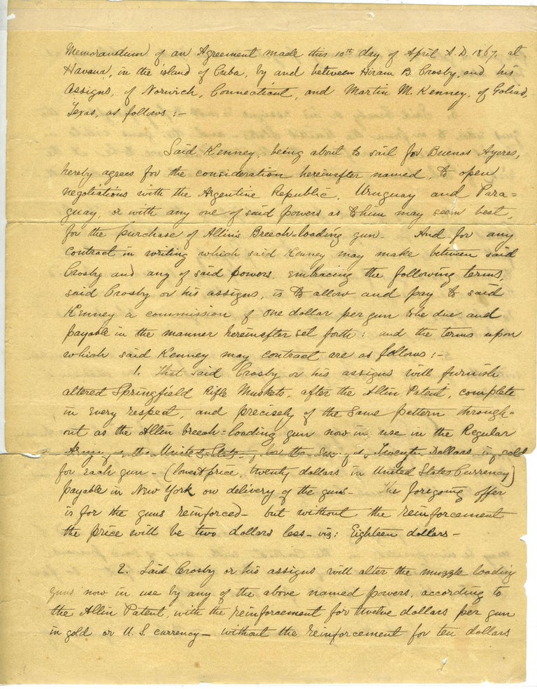 Item #25072 An American Contract to Sell Guns in South America during the Paraguayan War. Hiram Crosby, Martin Kenney.