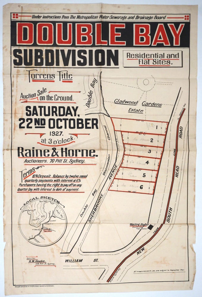 Item #25074 Double Bay Subdivision. For Auction Sale on the Ground Saturday, 22nd October 1927 at 3 o'clock. Land subdivision poster. Raine, 70 Pitt St Horne, Sydney.