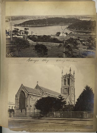"S. S. Austral Sunk in Sydney Harbor" [with] 3 Bayliss images: 'Rocks Outside South Head', "Barrys Bay", St. Phillips Church, Church Hill". Albumen photographs.