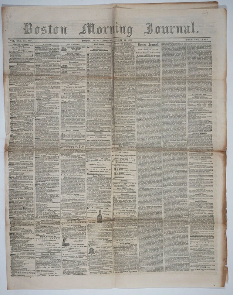 Item #25103 China and Civil War News articles appearing in Boston Morning Journal Vol. XXX, No. 8924, January 24 1862.