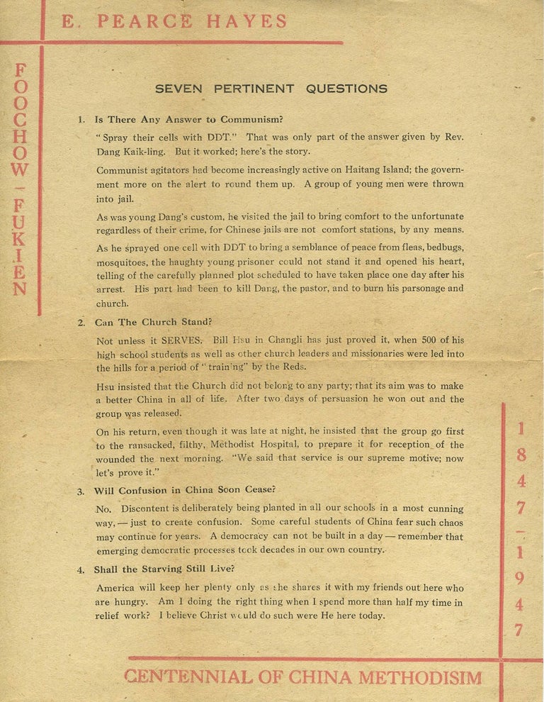 Item #25104 "Seven Pertinent Questions. Centennial of China Methodism". Foochow broadside. China, E. Pearce Hayes.