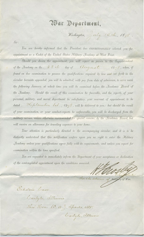 Item #25444 Offer to become a Cadet to West Point for Eckstein Case (1858-1944) of Carlyle, Illinois. West Point, Eckstein Case.