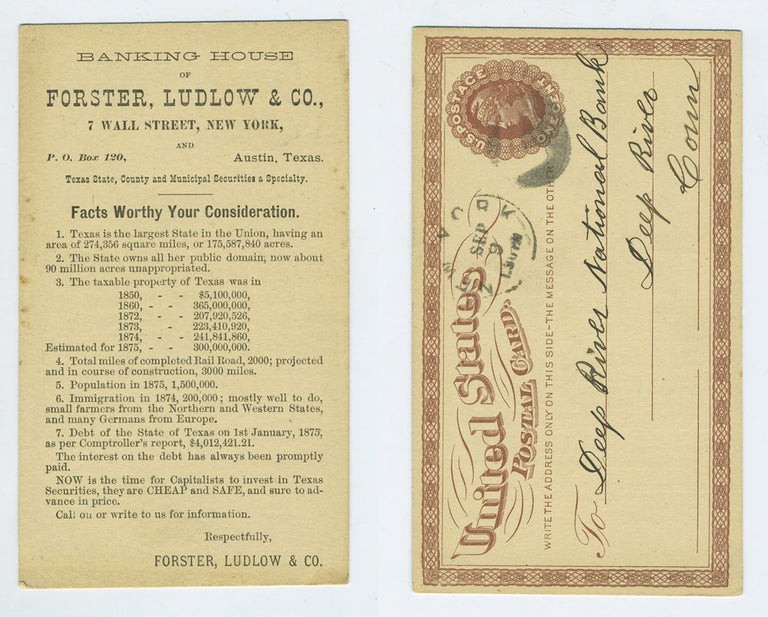 Item #25489 NOW is the time for Capitalists to invest in Texas Securities, they are CHEAP and SAFE, and sure to advance in price, post card. Texas Austin, Securities trading.