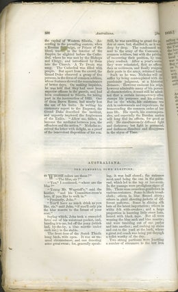 "Australiana, The Campbell Town Election", concerning the upcoming election & controversy over convictism in Van Diemen's Land. Putnam's Monthly. A Magazine of Literature, Science, and Art. June 1855.