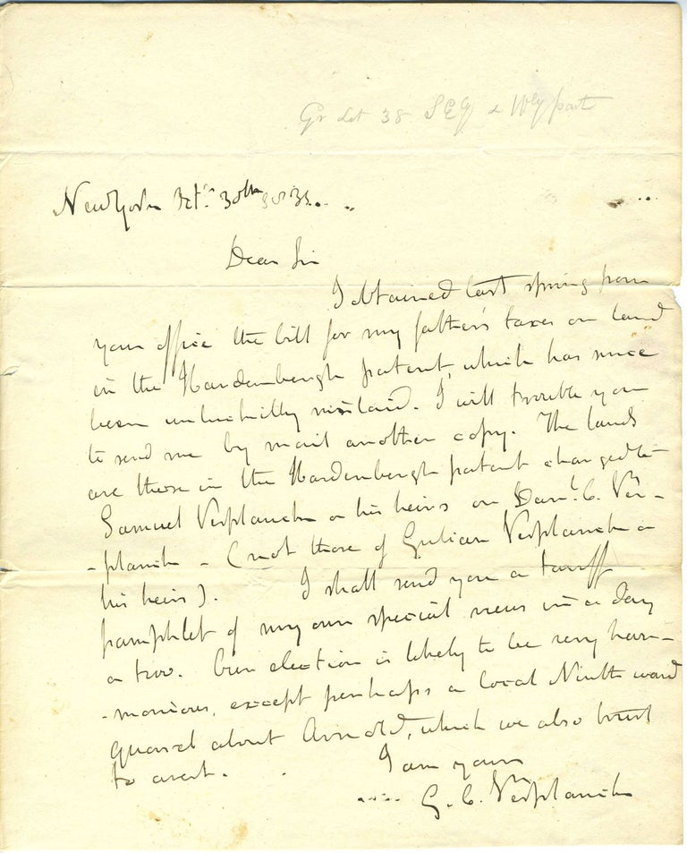 Item #25528 G. C. Verplanck ALS letter to NY Comptroller Silas Wright about tax bill on land in the Hardenburgh Patent belonging to Verplanck Sr. Gulian Crommelin Verplanck.