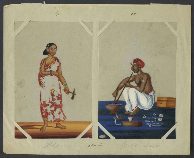 Item #25555 14 Paintings on mica of trades people of India, with original index. India, Trades.