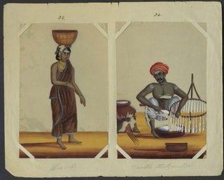 14 Paintings on mica of trades people of India, with original index.