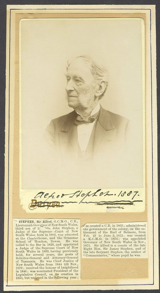 Item #25581 Sir Alfred Stephen. Cabinet card portrait, signed. Sir Alfred Stephen, New South Wales.