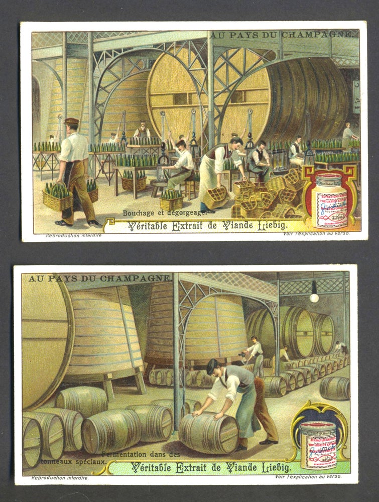 Item #25659 Set of 6 cards featuring wine & champagne making, for "Veritable Extrait de Viande Liebig" Wine, Champagne.