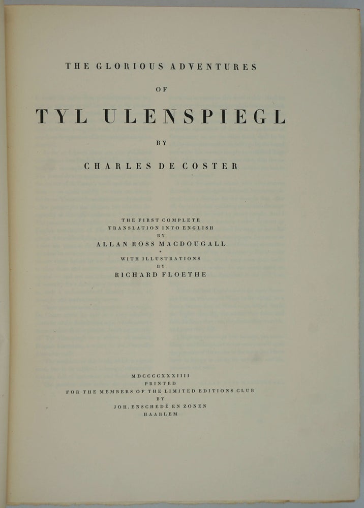 Item #25676 The Glorious Adventures of Tyl Ulenspiegl. Charles de Coster, Richard Floethe.