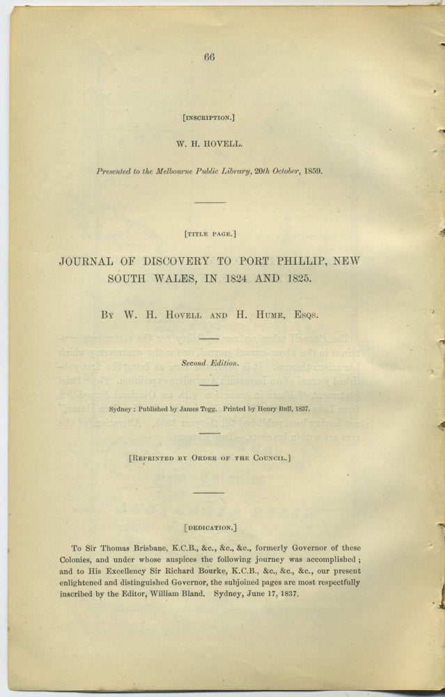 Item #25703 Journal of Discovery to Port Phillip, New South Wales, in 1824 and 1825 in the Royal Geographical Society of Australasia. W. H. Hovell, H. Hume, W. Bland.