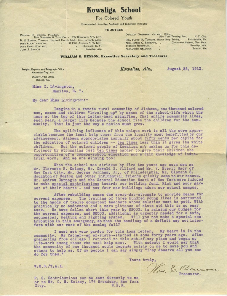 Item #25706 Kowaliga School for Colored Youth, charity appeal to a Garrison NY resident. African American, Alabama.