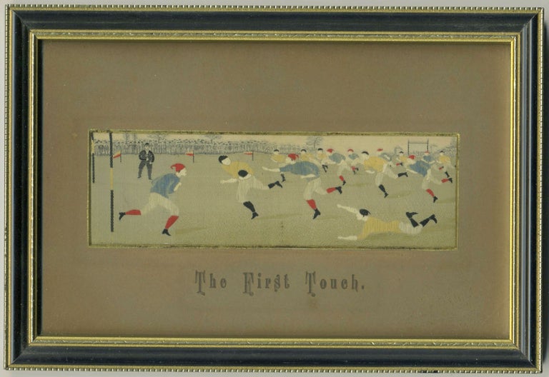 Item #25727 The First Touch. Rugby memorabilia woven in pure silk, stevengraph. Thomas Stevens.