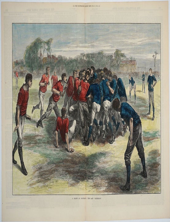 Item #25783 A Match at Football - the Last Scrimmage (Soccer). Soccer, England vs. Scotland, artist E. Buckman, Swain sc.
