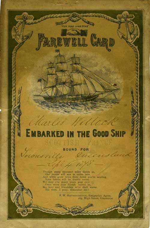 Item #2581 Handwritten presentation to Charles Wellock, embarked on the good ship "Scottish Prince" bound for Townsville, Queensland, Sept. 4th 1878. Queensland, Ship's Farewell Card.