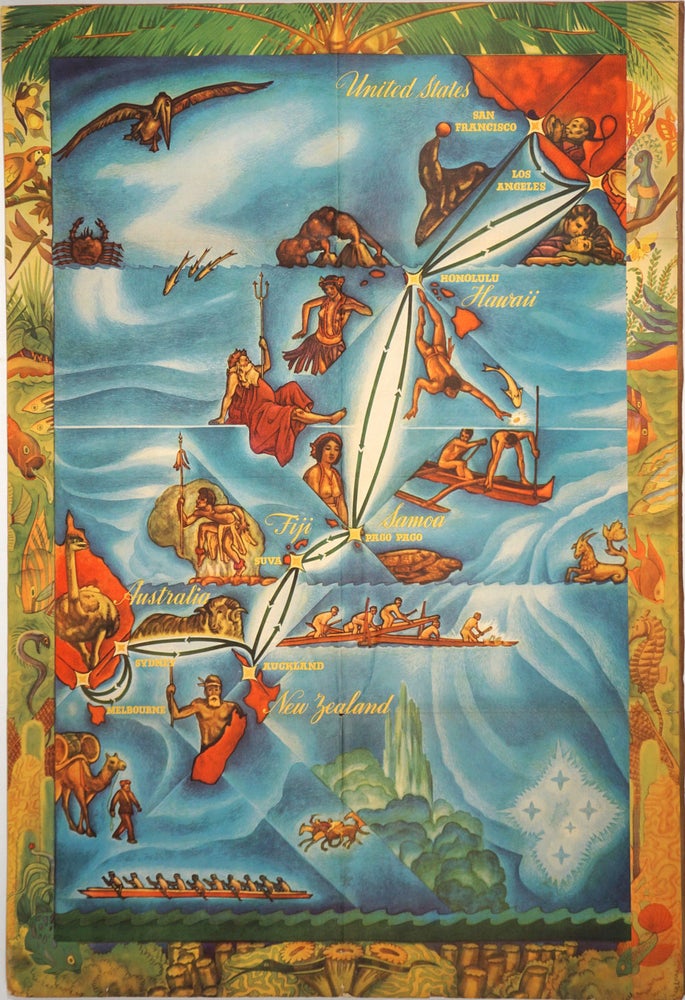 Item #25818 Matson Travel Offerings, Winter Season. Hawaii, Samoa, Fiji, New Zealand, Australia. [Color illustrated travel brochure with pictorial map]. Australia, Travel poster.