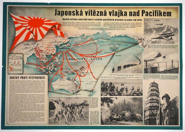 Item #25821 "Japonska Vitezna Vlajka nad Pacifikem". Czech/Nazi propaganda poster showing the proposed Japanese advance across the Pacific towards Australia. Nazi propaganda, WWII.