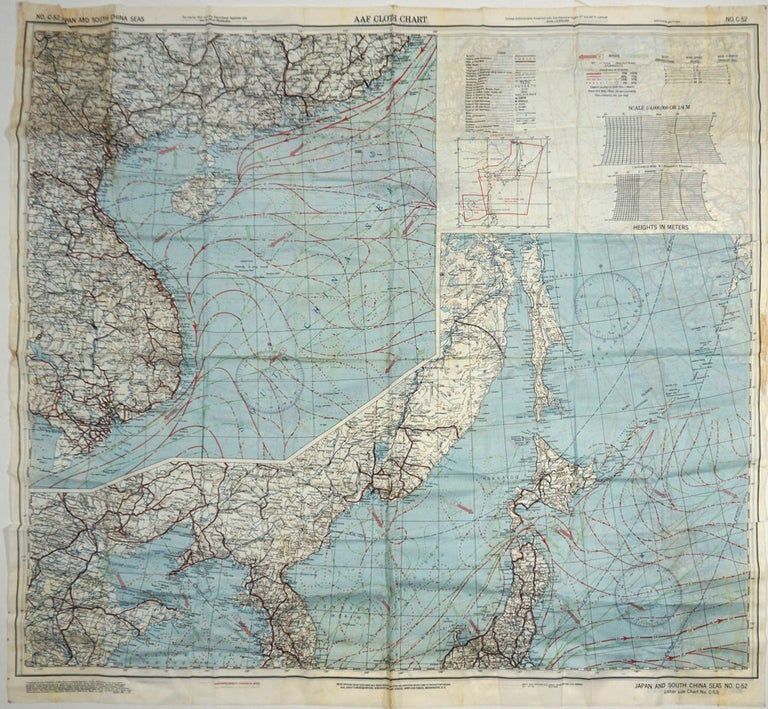 Item #25825 US Army Air Force cloth map, No. C-52, Japan and South China; No. C-53, East China Sea, "AAF Cloth Chart" W W. I. I., China, Japan, Aviation.