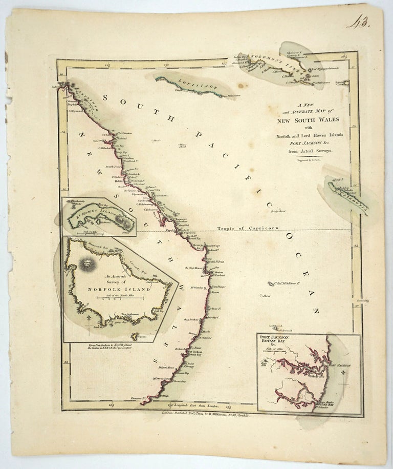 Item #25864 A New and Accurate Map of New South Wales with Norfolk and Lord Howes Islands Port Jackson &c from Actual Surveys. Engraved by T. Foot. R. Wilkinson.