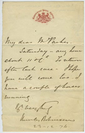 Item #25876 ALS, Governor of New South Wales, on horse racing. Sir Hercules George Robinson