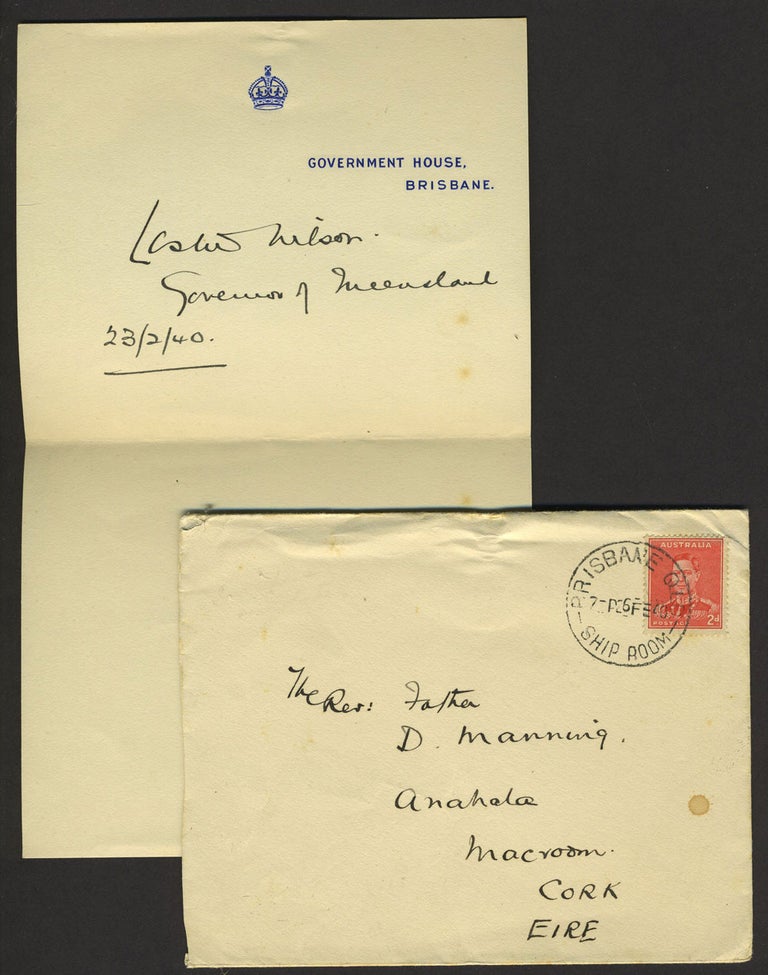 Item #25880 Autograph and cover, Governor of Queensland Australia. Sir Leslie Orme Wilson.