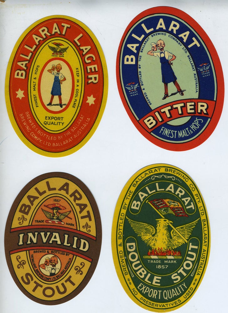 Item #25882 Ballarat Brewing Compy. Ltd. & Ballarat Brewing Co. Pty. Ltd. Four Beer Labels- Double Stout, Lager, Invalid Stout and Bitter. Victoria Ballarat, Beer.