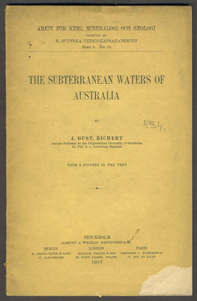 Item #25889 Subterranean Waters of Australia. J. Gustav Richert.
